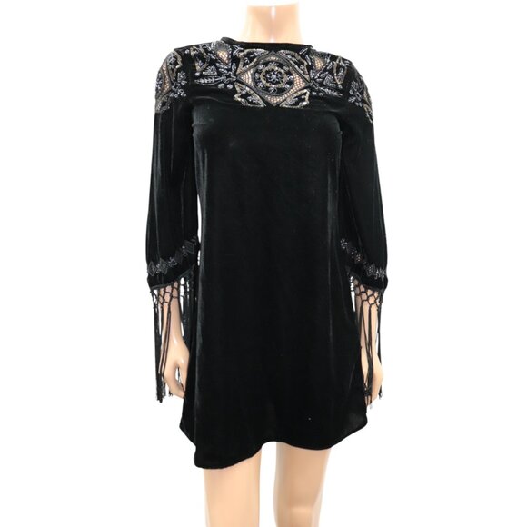ZARA Black Velvet Embroidered Beaded Embellished Mini Dress Fringe Sleeves S - Picture 2 of 8